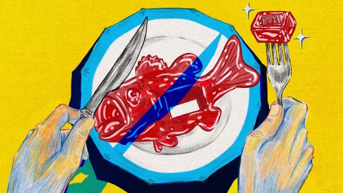 A digital illustration of a glossy-red plastic fish on a white dinner plate on a vivid yellow tablecloth. A hand on the left side of the fish holds a knife, which casts a blue shadow that, together with the border of the plate, makes the shape of a circle with a diagonal line across it. The hand on the right side holds a fork with a rubbery, glistening cube from the plastic fish speared on it.