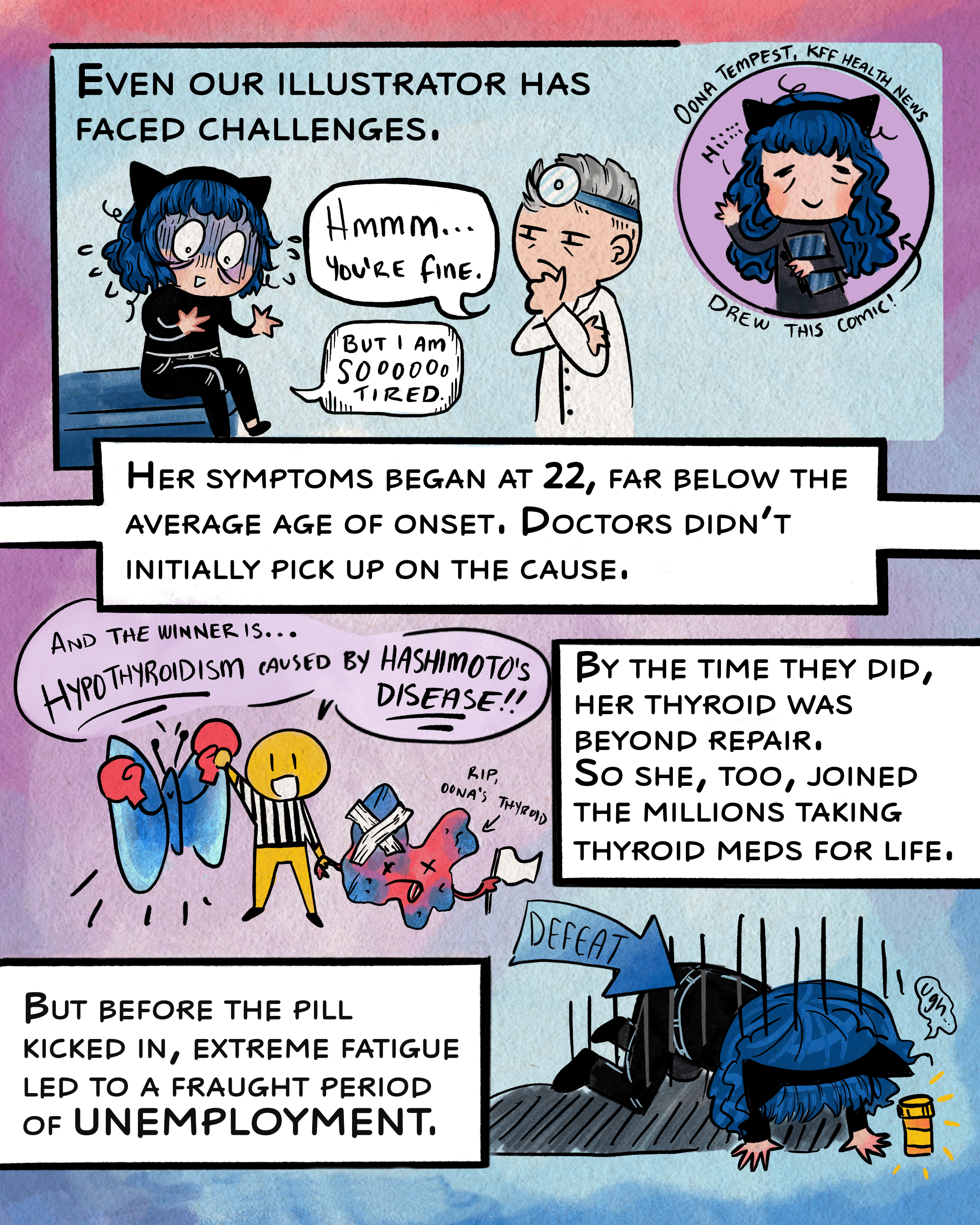 The next pages introduce the illustrator of the comic, Oona Tempest, as an interviewee with hypothyroidism. The intro text reads, “even our illustrator has faced challenges. Her symptoms began at 22, far below the average age of onset. Doctors didn’t initially pick up on the cause.” This is accompanied by a drawing of her sitting in a doctor’s office. The doctor beside her says, “Hmmm … you’re fine,” while scratching his chin. In reply, she says, “but I am soOoOo tired.” The following text reads, “by the time they did, her thyroid was beyond repair. So she, too, joined the millions taking thyroid meds for life.” The next panel shows a referee holding up the hand of a butterfly with boxing gloves, and says “And the winner is … Hypothyroidism caused by Hashimoto’s disease!!” while Oona’s shriveled-up thyroid slumps to the side, defeated. The next line of text reads, “but before the pill kicked in, extreme fatigue led to a fraught period of unemployment,” followed by a drawing of Oona, fallen to her hands and knees beside a pill bottle.
