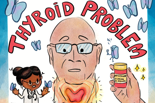 A digital illustration of Andy Miller in the center, with a doctor and a pill bottle to each side. Above him, text reads "THYROID PROBLEM"