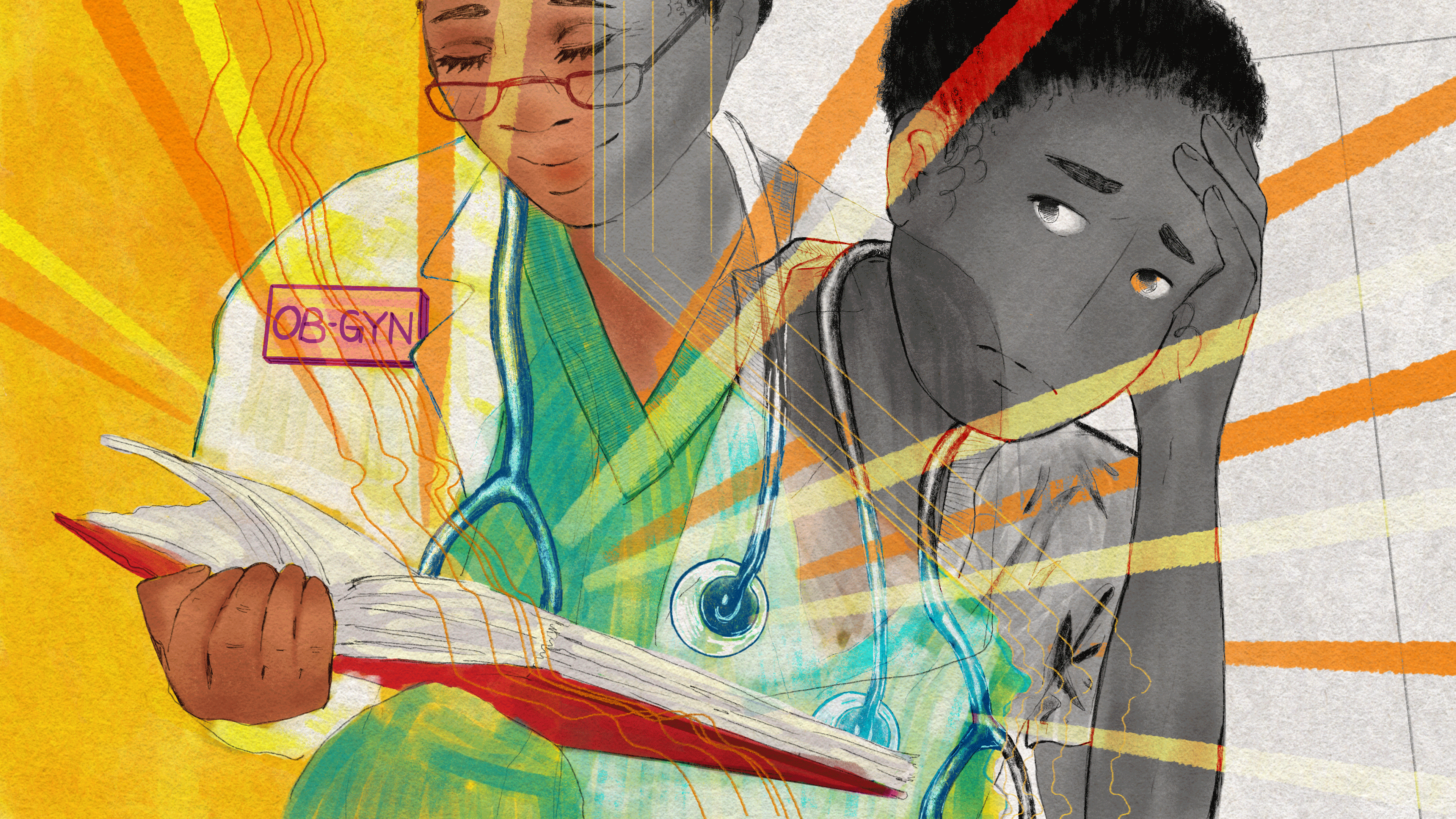 A digital illustration painted with colorful gouache and pencil shows two versions of an aspiring OB-GYN drawn over a map of California and neighboring states. The version of her that is on the side of California is shown in bright, warm colors, and she is reading a textbook. The version of her leaning out of state is shown in black and white, and she holds a concerned expression.