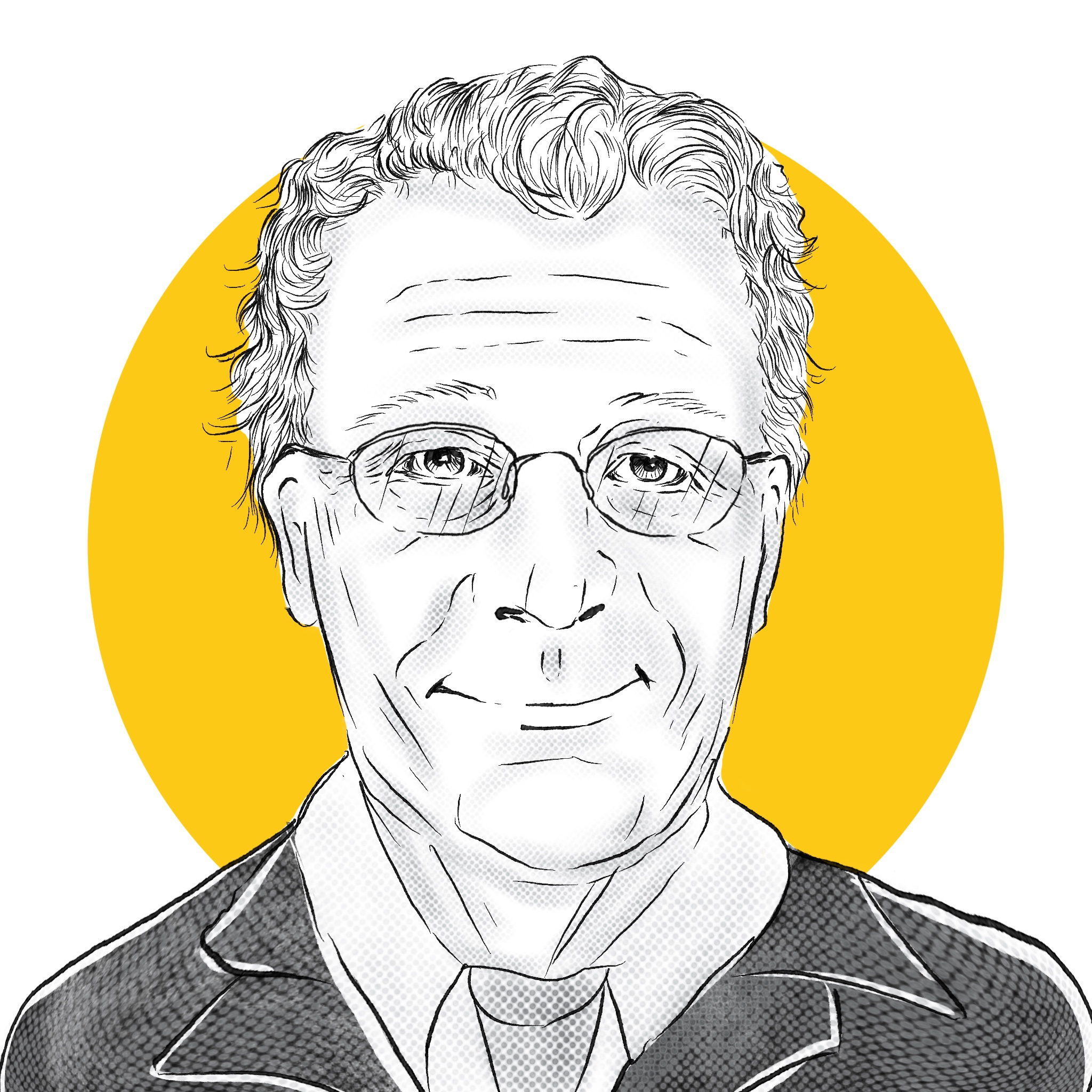 A black and white, pen and ink digital portrait of Mark Rosenberg. There is a large yellow dot behind the drawing.