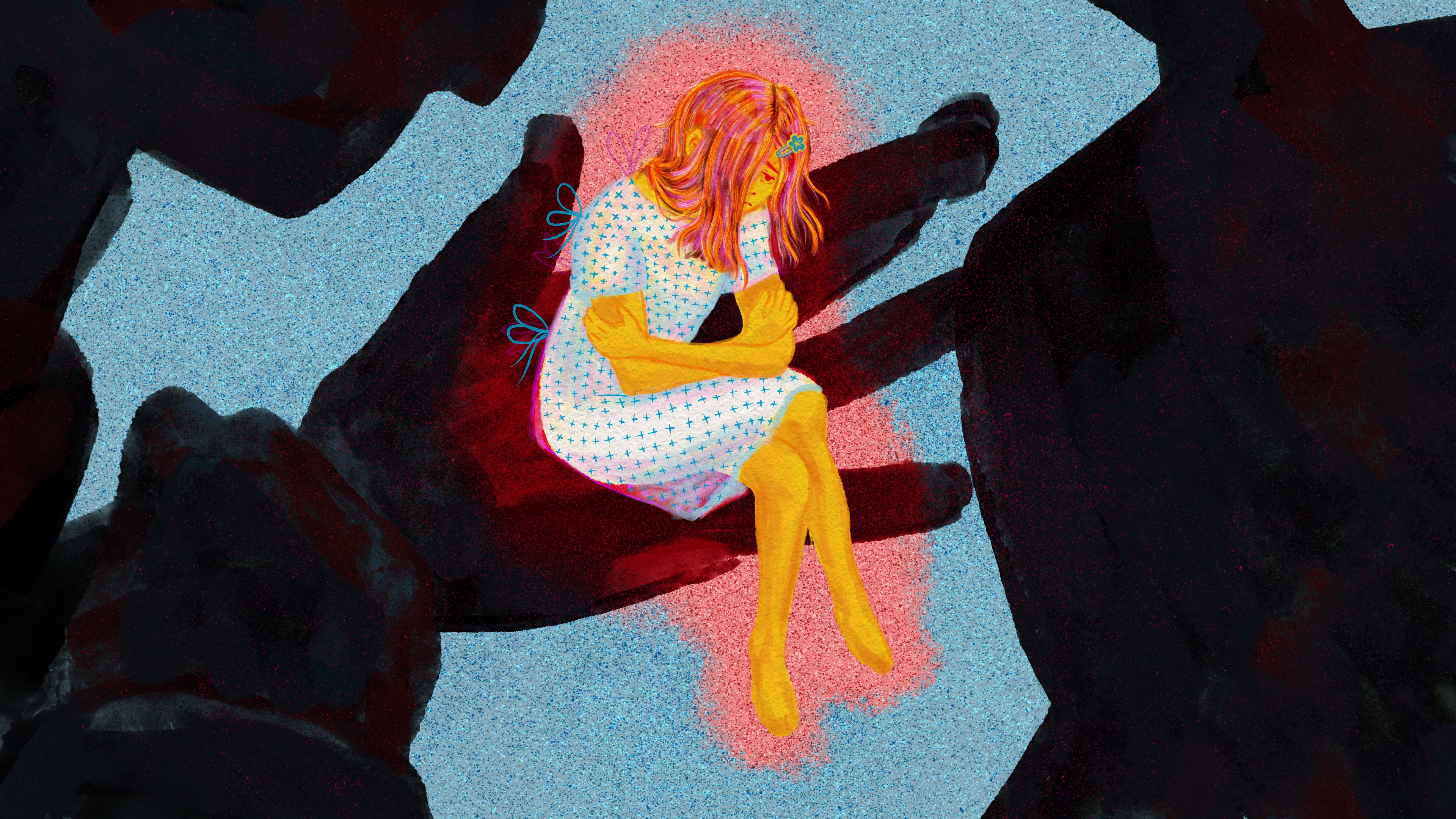A digital illustration shows a small, doll-like girl held in the palm of an ominous, dark, shadowy figure. The body of the shadowy figure holding her is on the left side of the image. Another shadowy figure is on the right, looming over the girl, who sits in the center. The girl, who is colored in bright shades of white, yellow, and pink, contrasts sharply with the figures who surround her. She is wearing a medical gown, has her right leg crossed over her left, and uses her arms to hug herself. The body language of the girl expresses that she has experienced a trauma.