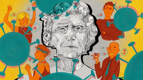 A digital illustration shows a black-and-white pencil drawing of the face of an older woman. Some areas of her face are warped and look like ghostly, swirling mist. Surrounding the older woman are various young people who, as they party, exercise, or socialize, look at her with demeaning and dismissive expressions. Gray static expands out from behind the woman’s head and fades into a bright yellow background where the younger people are. Covid-19 virus particles cover the image like polka dots.