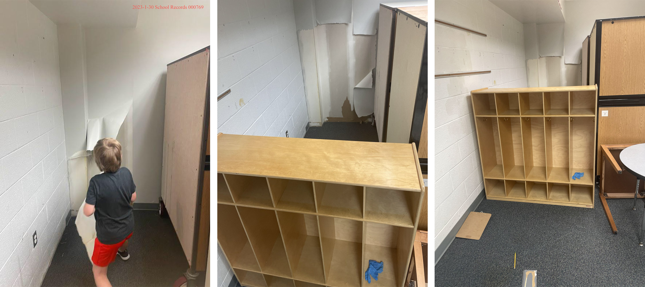 Three photos collaged in a row: a young boy ripping at the walls while being secluded; and two wide shots of the cubbies used to restrain and seclude him.