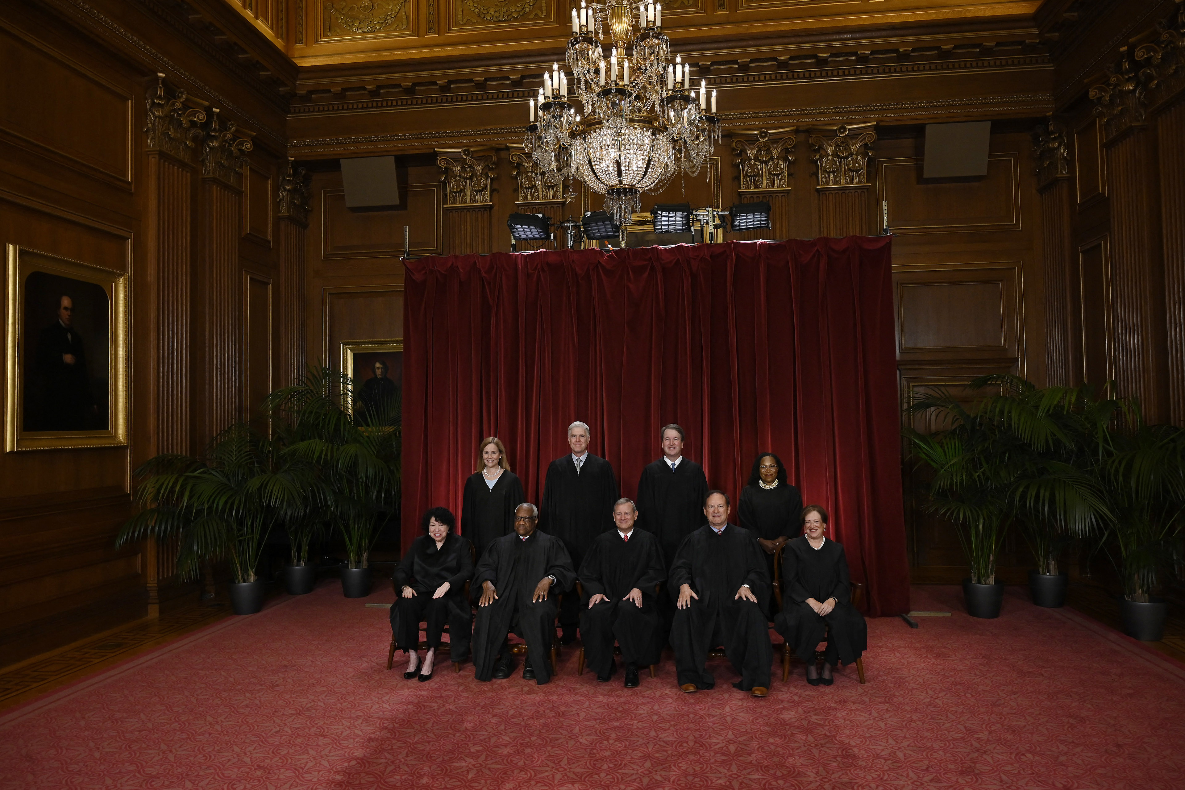 Justices of the US Supreme Court pose for their official photo at the Supreme Court in Washington, DC on October 7, 2022. (Seated from left) Associate Justice Sonia Sotomayor, Associate Justice Clarence Thomas, Chief Justice John Roberts, Associate Justice Samuel Alito and Associate Justice Elena Kagan, (Standing behind from left) Associate Justice Amy Coney Barrett, Associate Justice Neil Gorsuch, Associate Justice Brett Kavanaugh and Associate Justice Ketanji Brown Jackson.