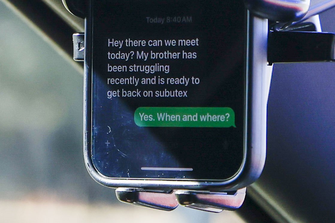 A text message exchange that reads: Hey there can we meet today? My brother has been struggling recently and is ready to get back on subutex. Yes. When and where?