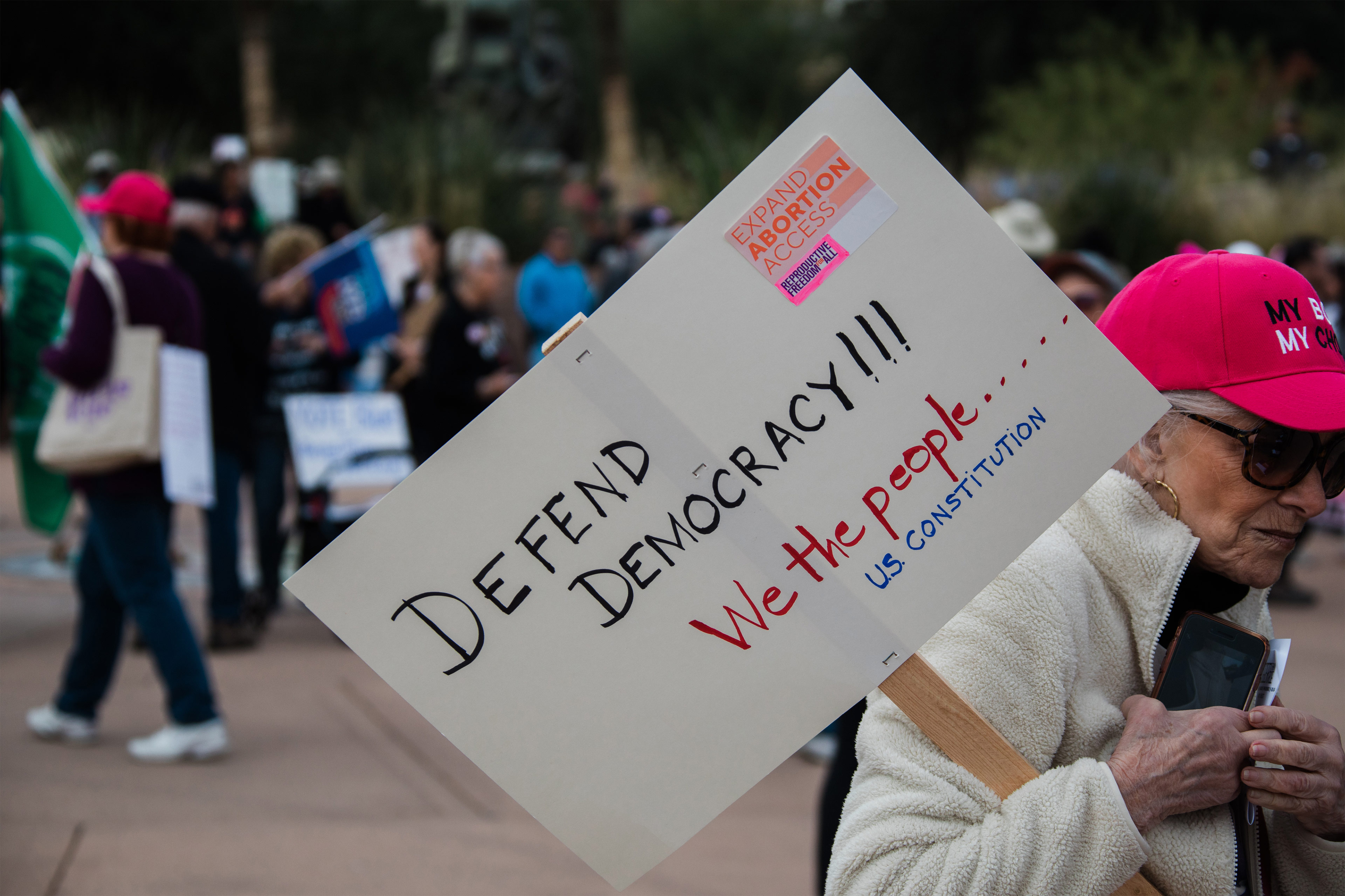 A photo of a woman holding a sign at a protest that reads, "Defend democracy; We the people... U.S. Constitution."