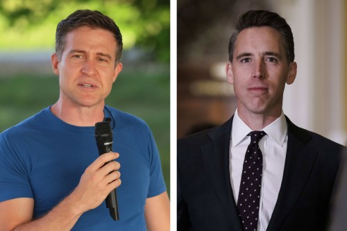 Two photos shown side by side. The left photo is of Lucas Kunce speaking to a crowd while holding a microphone. The right is of Sen. Josh Hawley walking down a hallway in the U.S. Capitol.