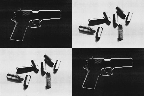 A photo illustration of four black and white images collaged: two handguns in silhouette and two bullet casings.