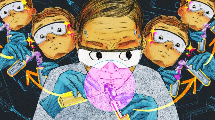 An illustration drawn with pencil and colored digitally shows a scientist-type man in the center of the image. He holds two halves of an Ozempic-like injector in his gloved hands and pours a mysterious liquid from one side to the other. Behind him, corporate copycats, drawn as floating heads and hands, watch to steal his formula while they manipulate their own mysterious liquid. The floating copycats repeat into the background.