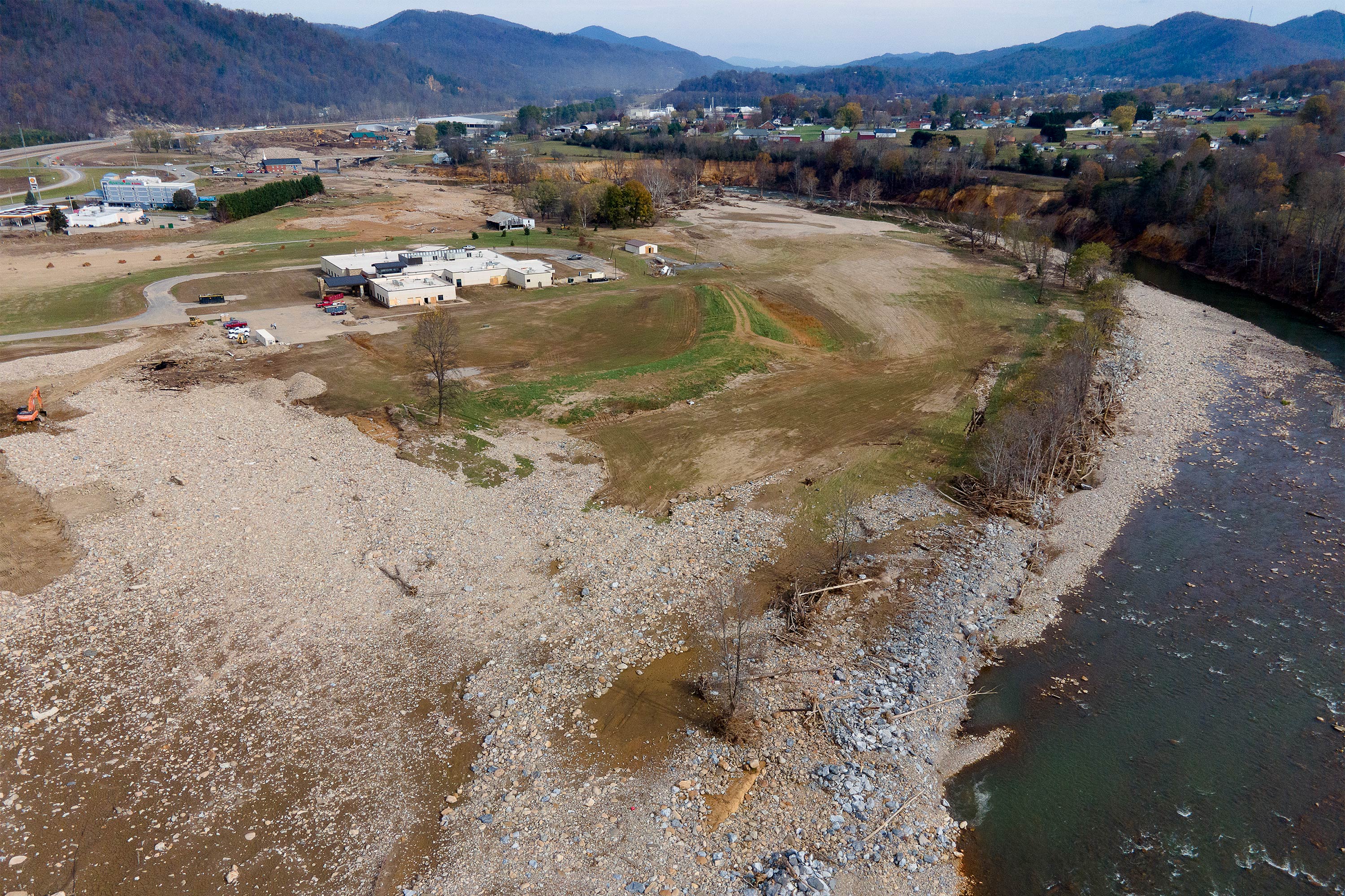 An aerial photo of the Nolichucky River. Unicoi County Hospital is visible in the near distance.