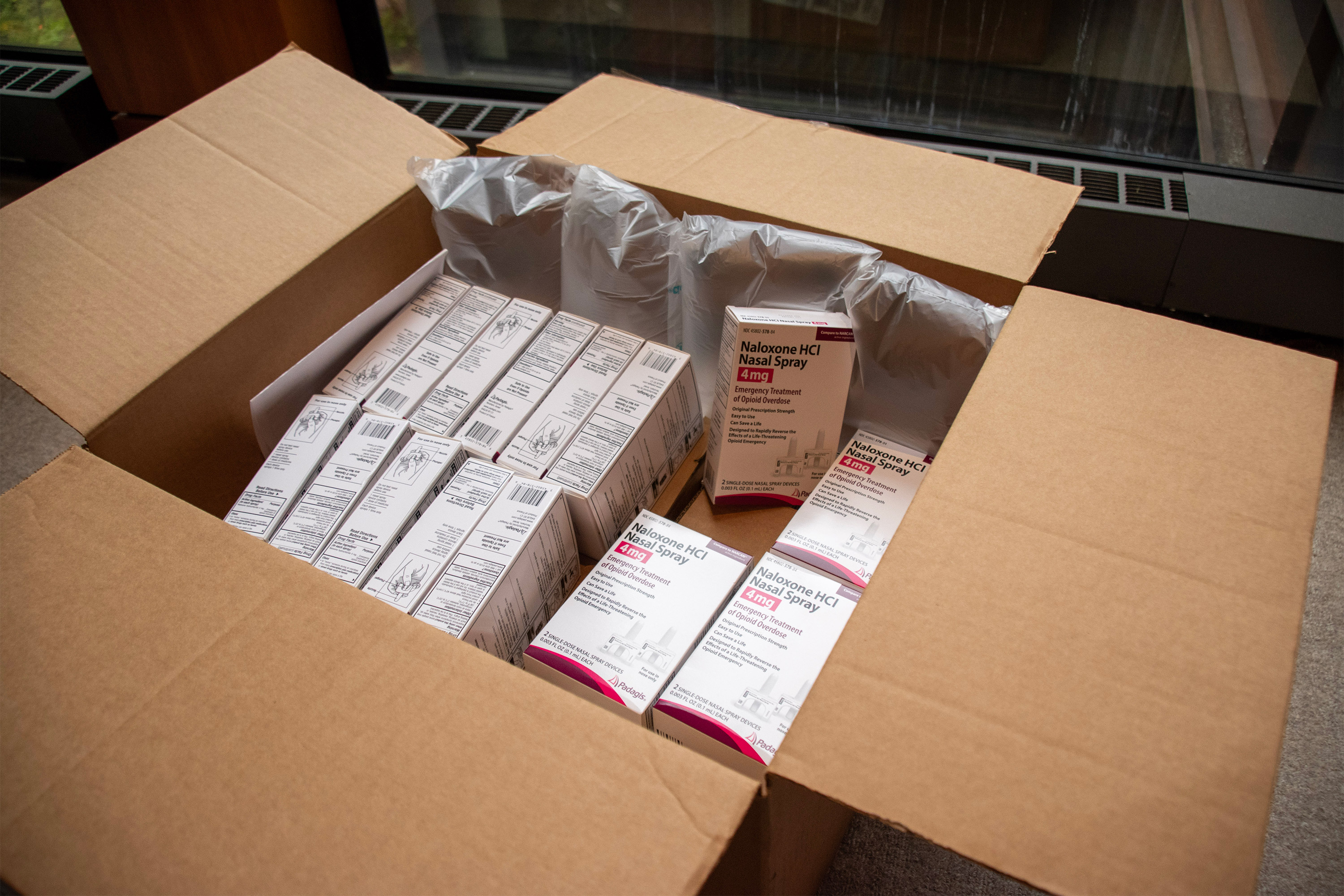 A photo of a box of naloxone.