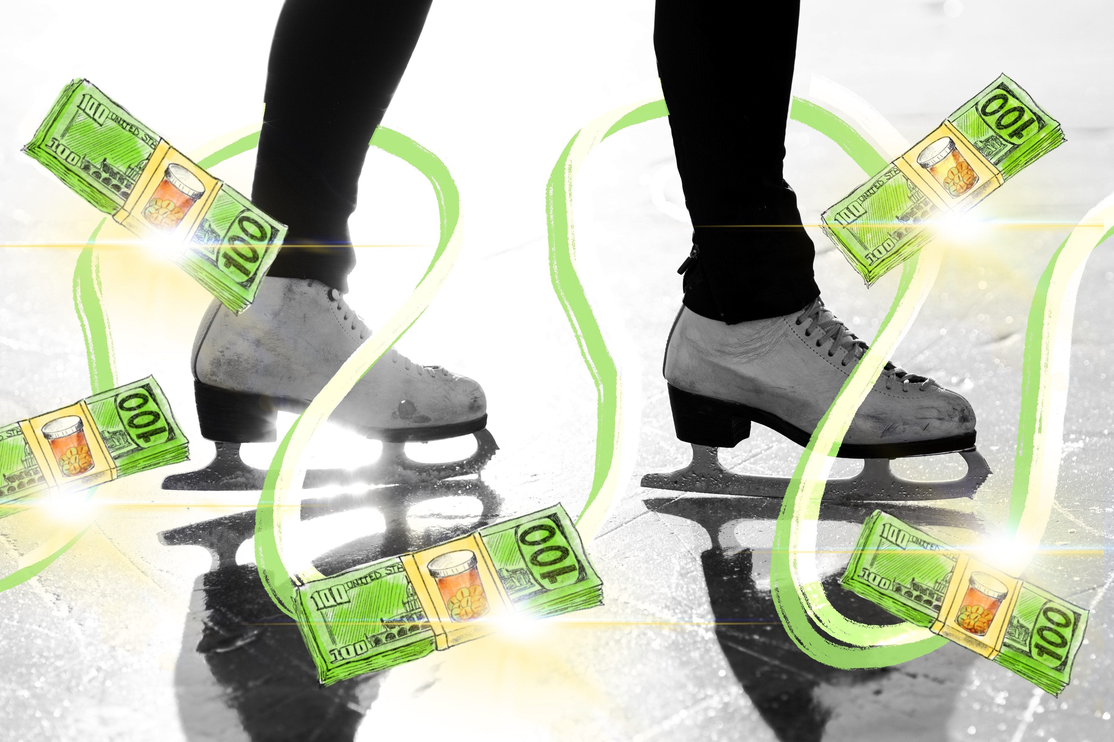 A close-up photo of an ice-skater's shoes while they stand on the ice. Surrounding the skater are illustrated green and white lines swooping around, along with stacks of dollar bills.