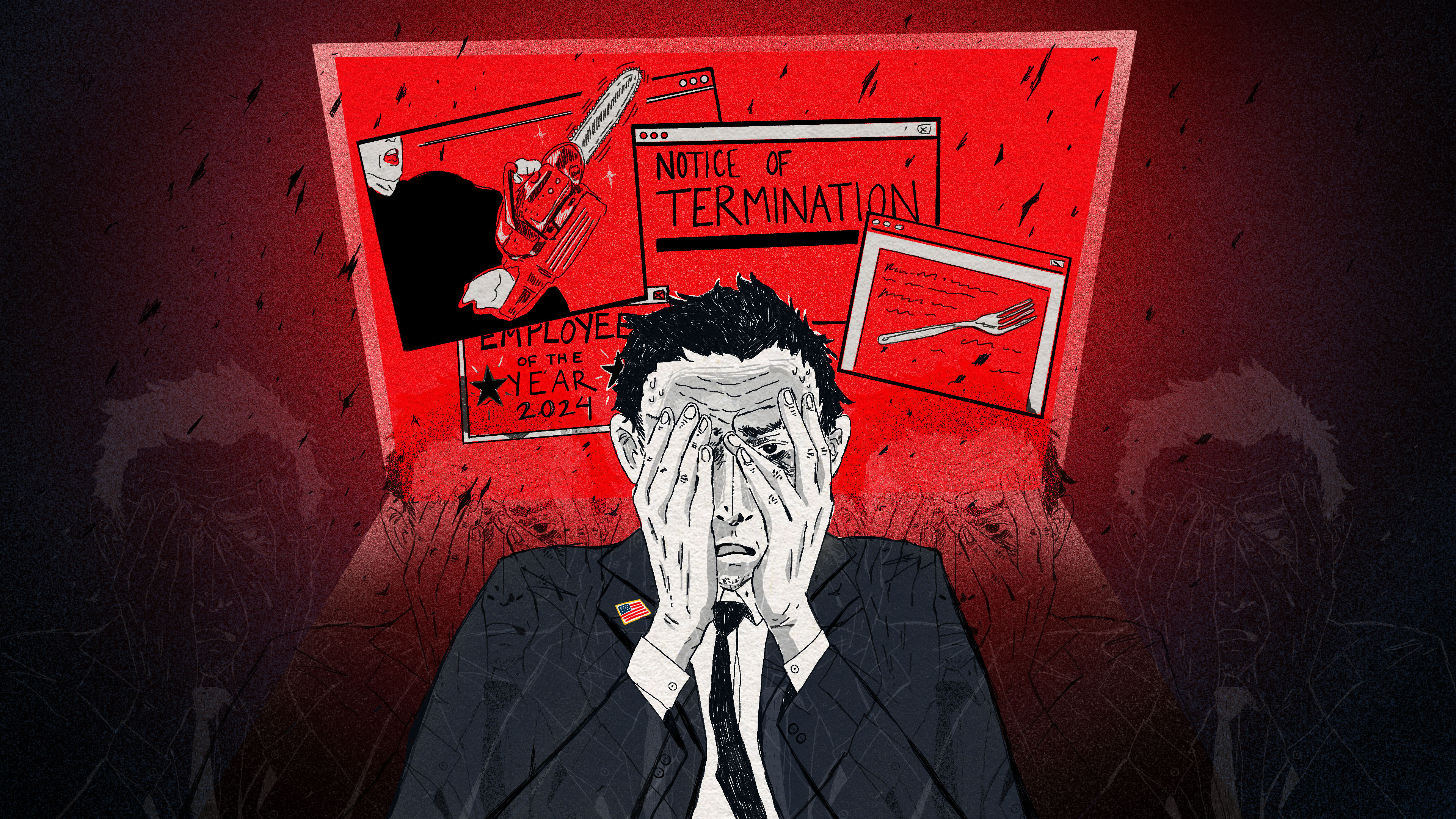 A drawing of a man in black and white covering his face with his hands. Behind him is a glowing red computer screen with windows. On the top left, the window shows Elon Musk with a chainsaw. The center window tells the man his employment has been terminated. The window on the bottom right shows a fork. The last window on the bottom left reads, "Employee of the Year 2024."