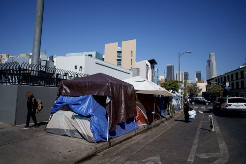 a row of tents along a street in Los Angeles