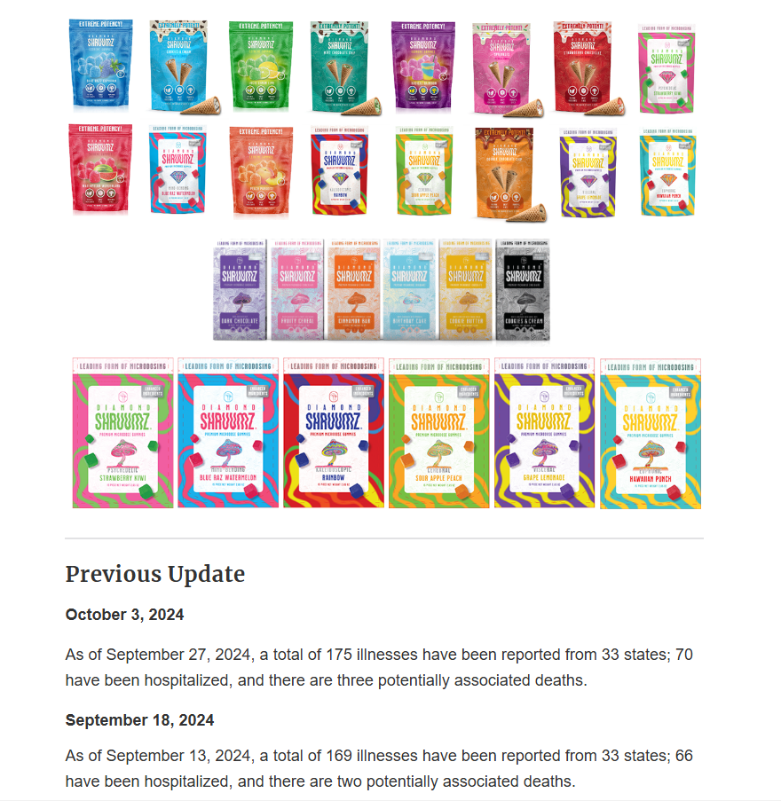 A screenshot of an FDA page showing various Diamond Shruumz products with text underneath that shows reports of hospitalizations and potential deaths associated with Amanita products.