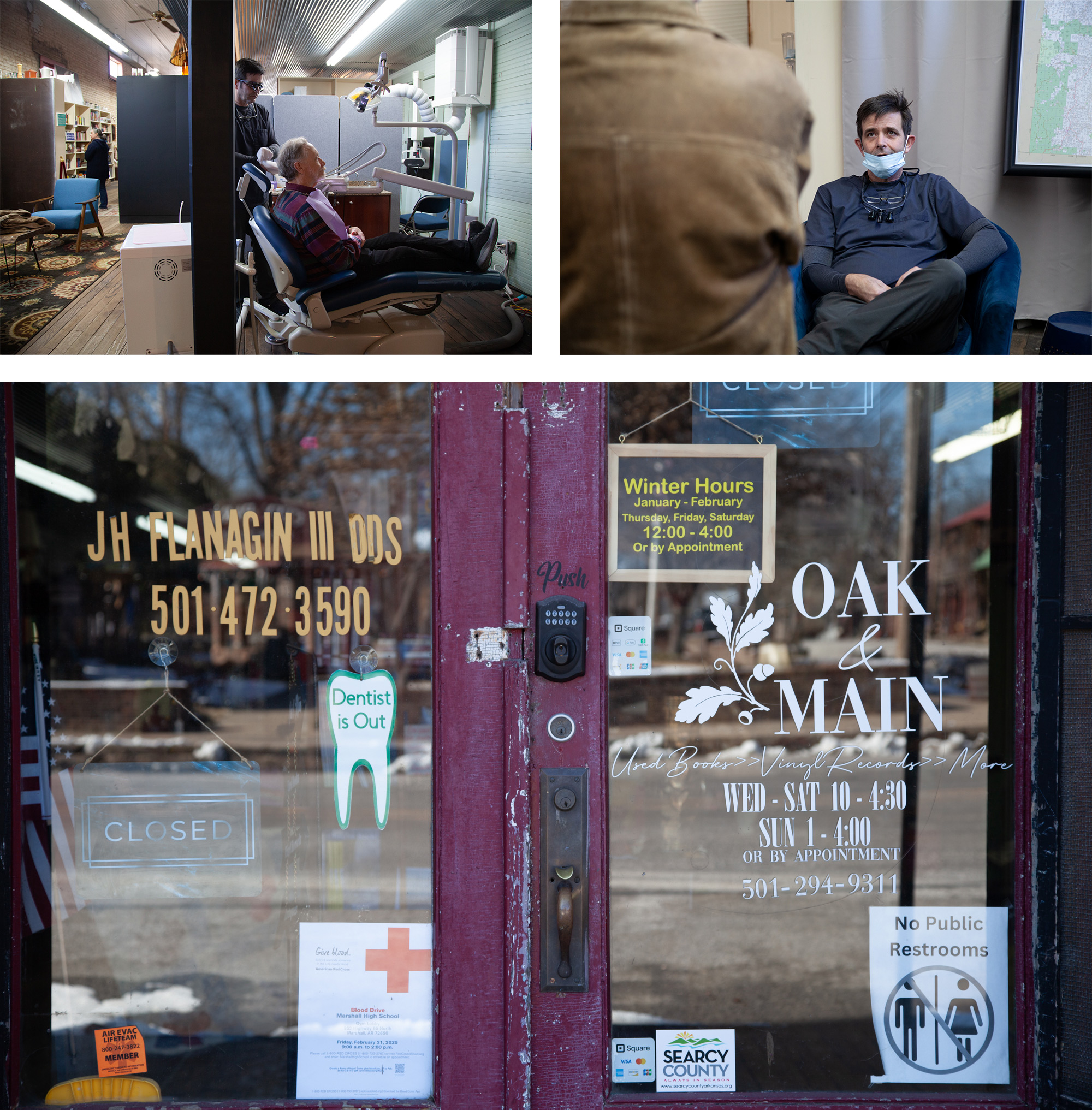 A trio of three photos: top left shows a dentist working on a patient, top right shows a dentist in a mask speaking to someone out of view. The bottom image is of antique storefront door.
