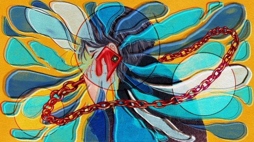 A digital illustration of a woman on a red cell phone with a red chain hovering around her. Blue speech bubbles spread out with a liquid heaviness around her. She has a pained expression.