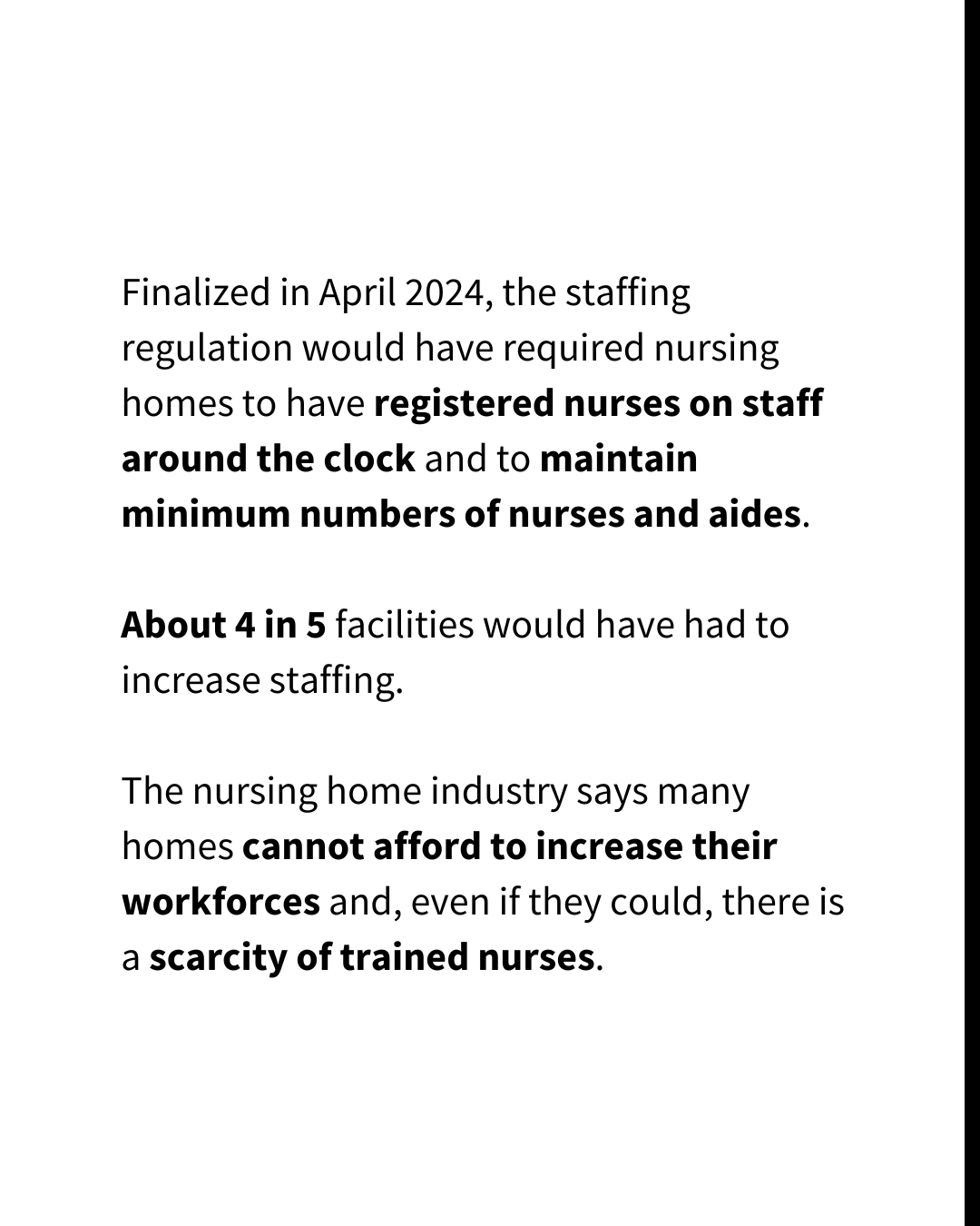 An Instagram slide with a solid white background and a thin black line on the right has text that reads, "Finalized in April 2024, the staffing regulation would have required nursing homes to have registered nurses on staff around the clock and to maintain minimum numbers of nurses and aides. About 4 in 5 facilities would have had to increase staffing. The nursing home industry says many homes cannot afford to increase their workforces and, even if they could, there is a scarcity of trained nurses. "