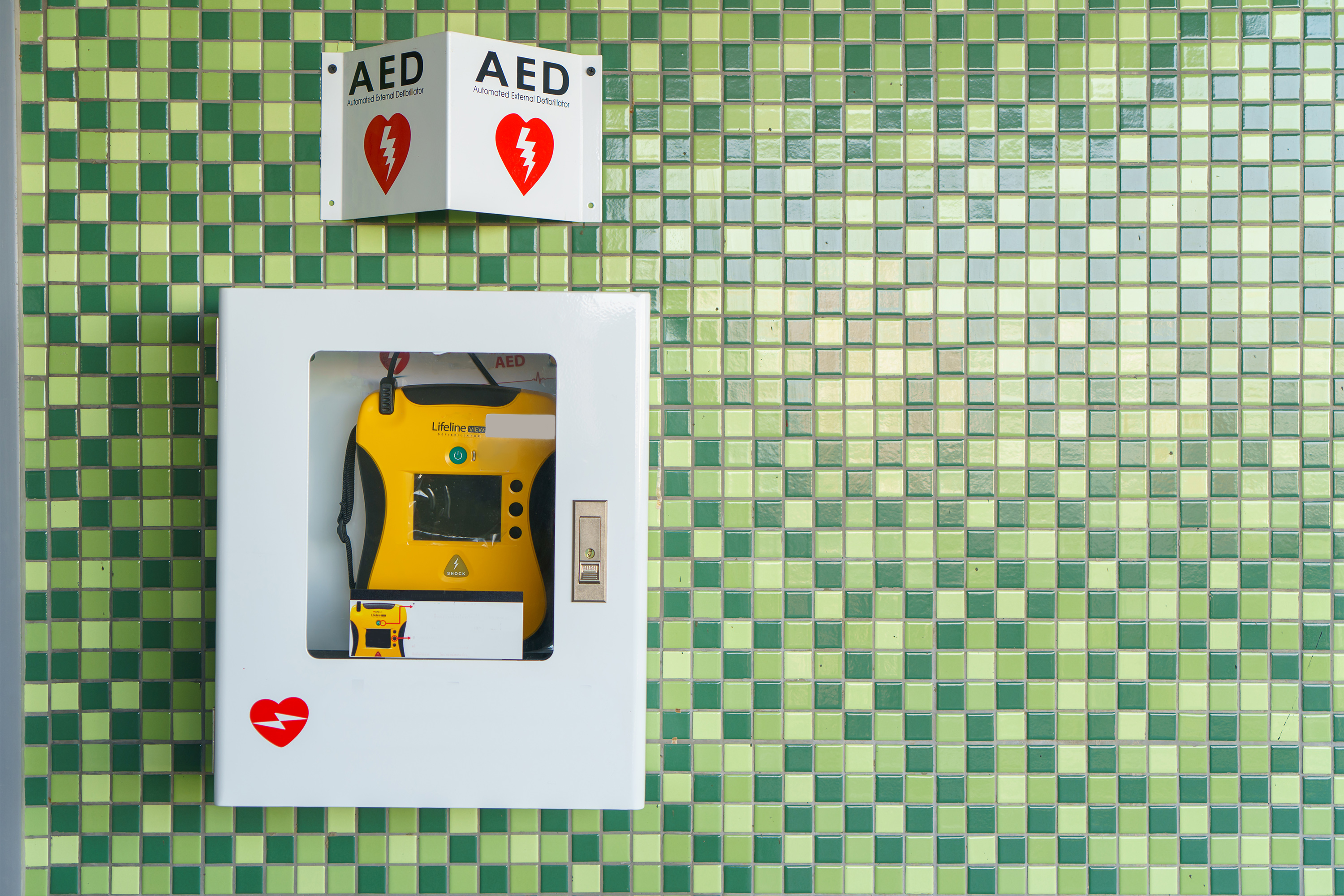 A photo of a cabinet containing an AED mounted on the wall.