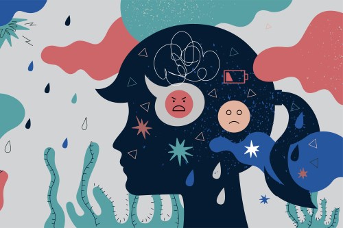 An abstract illustration shows the silhouette of a young girl's head filled with scribbles, unhappy faces, and a low battery symbol. The background depicts a rain shower in blues, greens, and pinks.