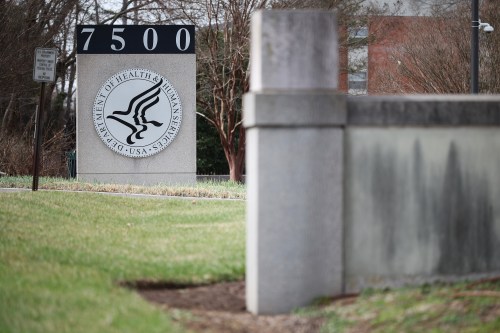 A sign shows the Department of Health and Human Services logo outside of the Centers for Medicare & Medicaid Services headquarters.