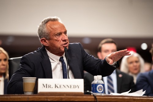A photo of Robert F. Kennedy Jr. at his nomination hearing before the Senate Finance Committee.