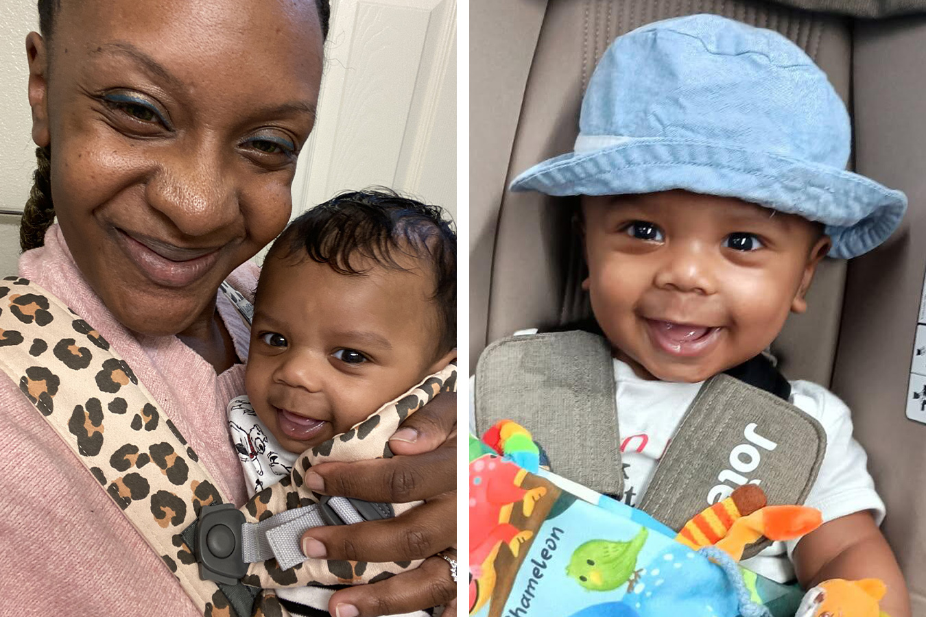 Two photos shown side-by-side: the left image is of a black mother holding her infant baby. The right image shows the baby smiling while strapped into a carrier.