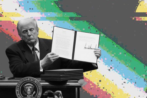 A digital illustration with a black and white picture of President Donald Trump holding up an executive order after signing it on January 20, 2025 in Washington, D.C. and a disability pride flag with glitch visual effect applied behind his photo.