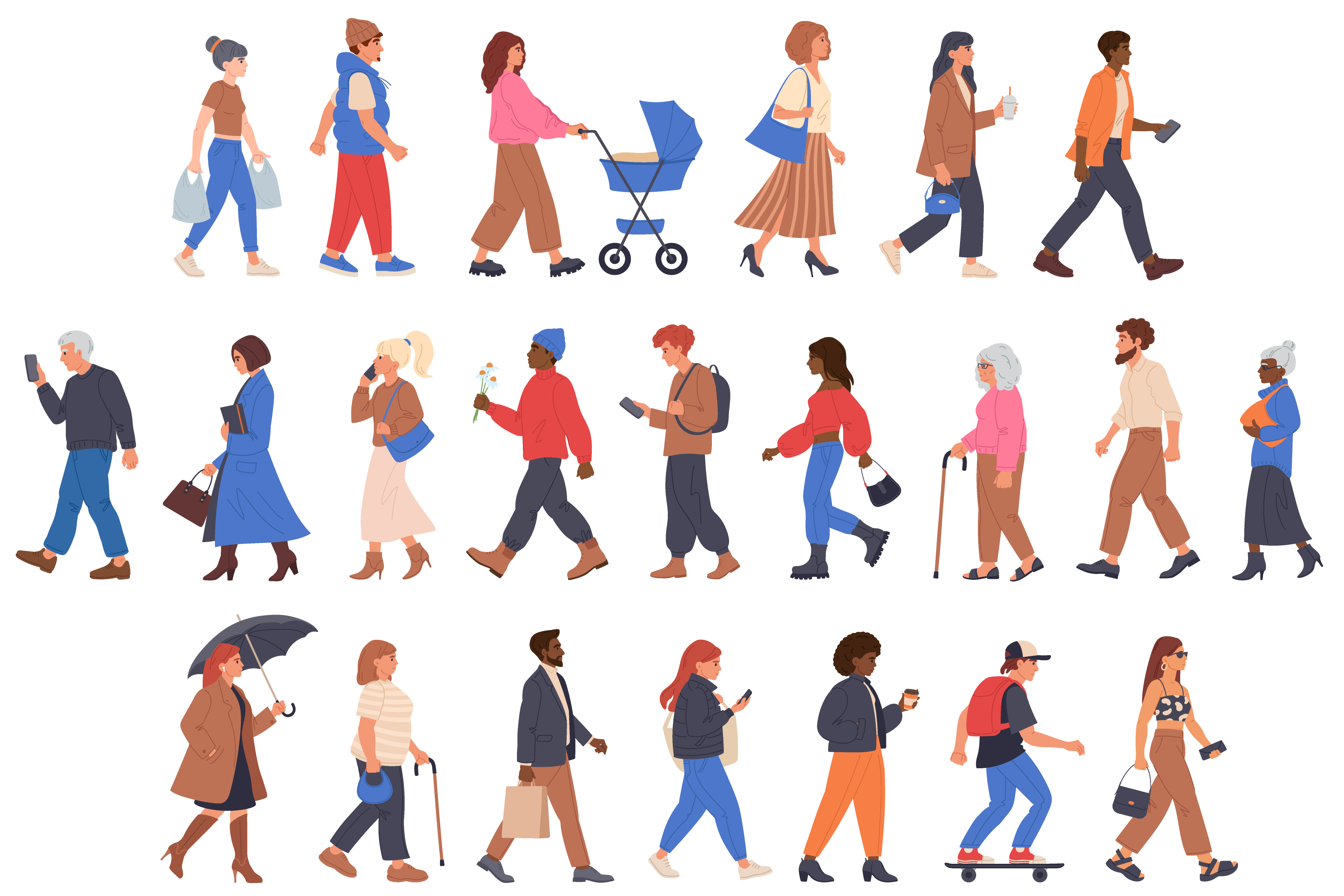 A vector illustration with three rows of a diverse group of people walking.