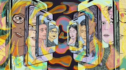 A digital illustration of a mirroring array of smart phones facing each other. On the left side are therapists on a video call, on the right are their patients. Colorful speech bubbles swirl around the phones and connect the conversations between doctor and patient.