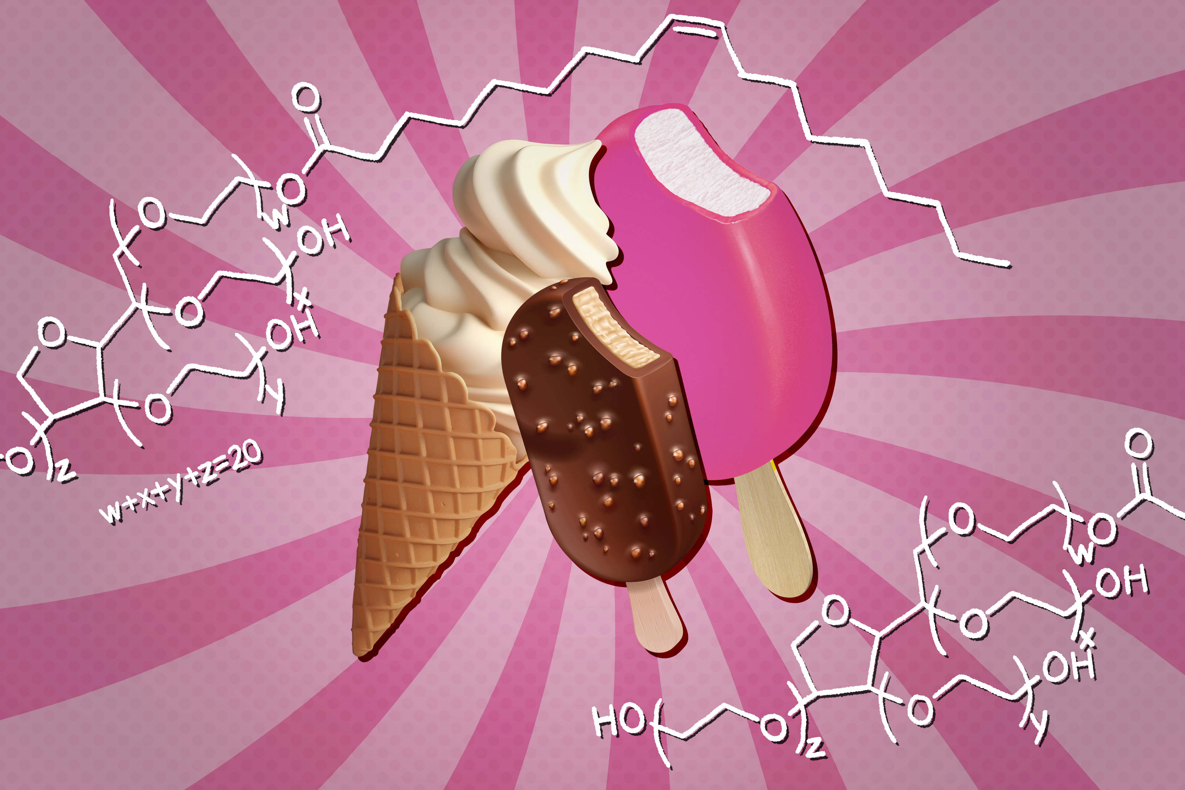 A photo illustration of an ice cream cone plus two ice cream bars against a pink spiral background. Around them are two drawings of the emulsifier Polysorbate 80's structure diagram.