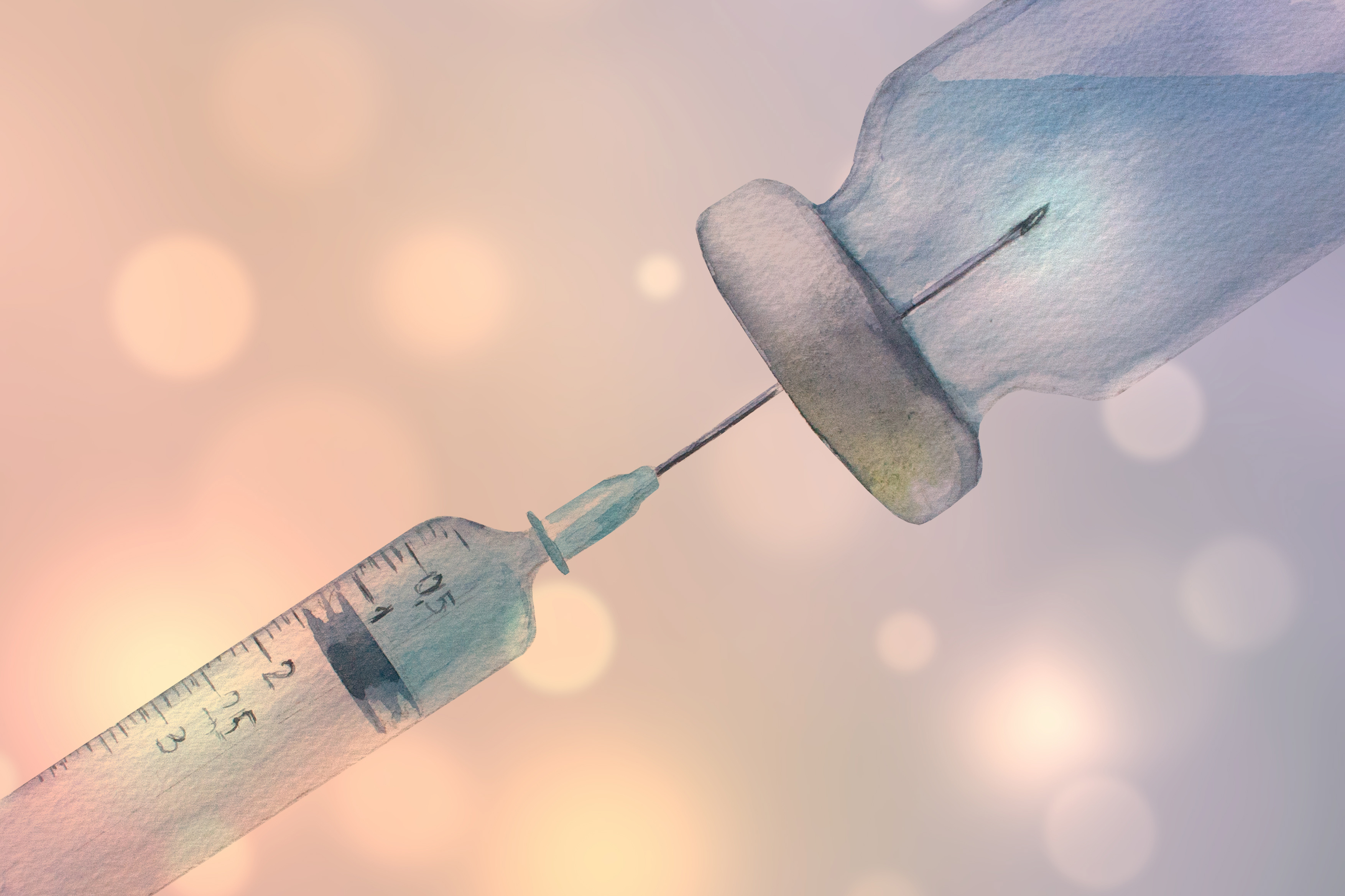An illustration in watercolor of a syringe and vaccine vial against a soft background of dotted light.