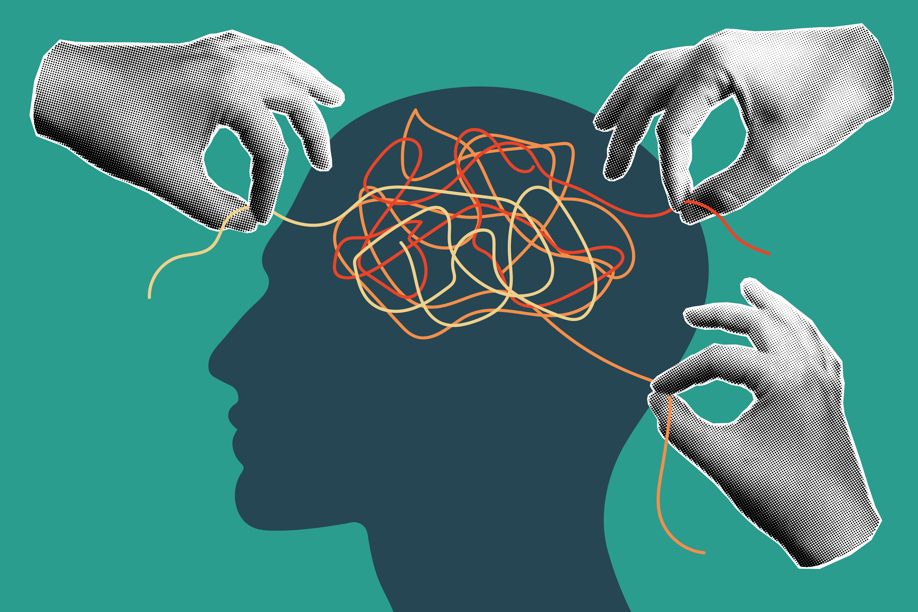 A photo illustration of a person's head with their brain drawn as tangled threads. Three hands work to unknot the threads.
