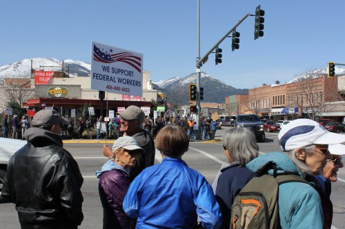 A photo of a crowd of protesters marching in a Montana town.