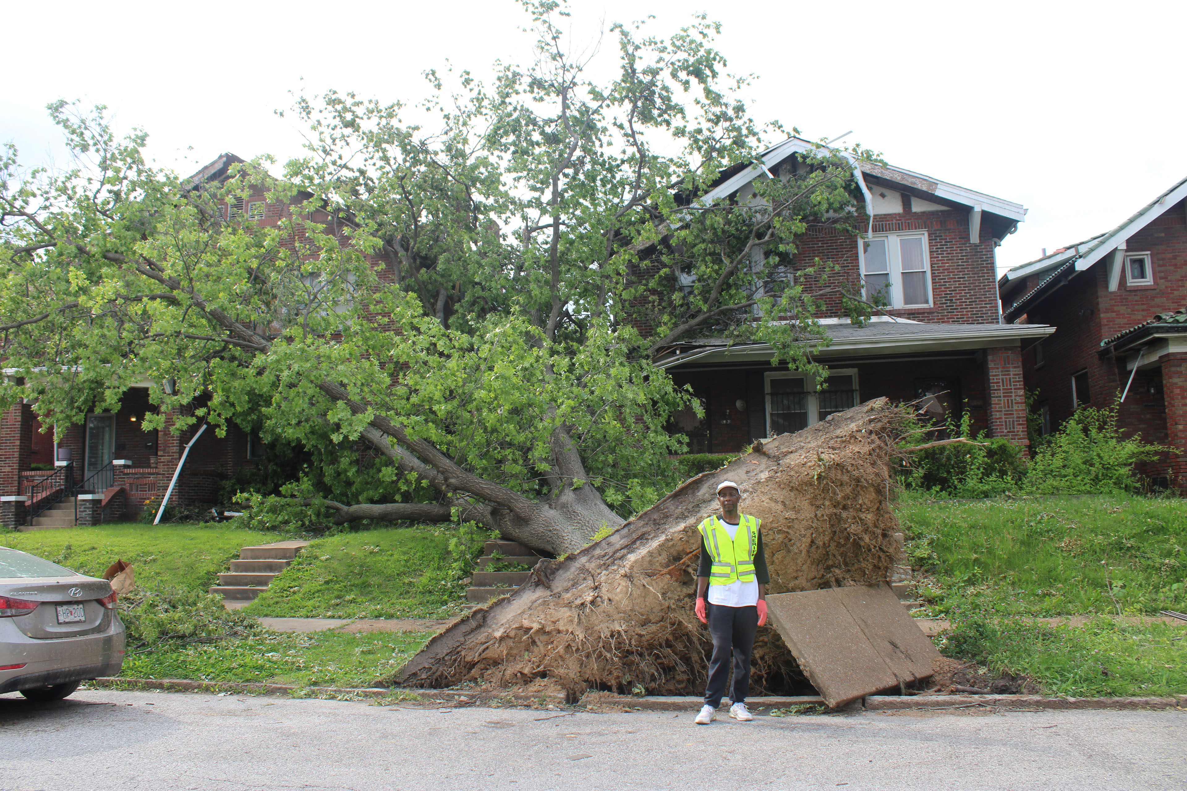 A photo of a man in a reflective vest standing in front of an uprooted tree.
