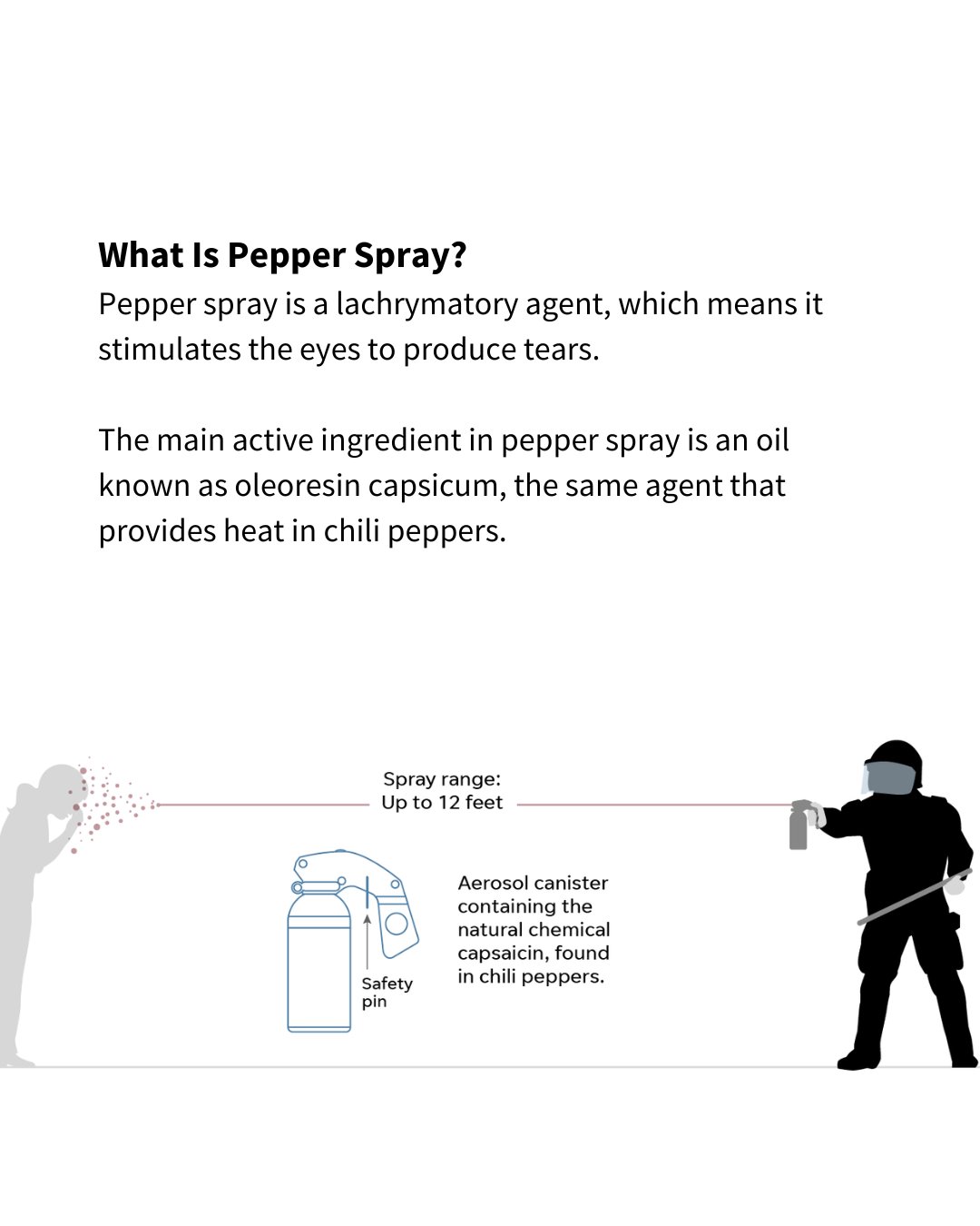 A diagram of an officer spraying pepper spray on an unarmed person from 12 feet away. The text reads: "What Is Pepper Spray? Pepper spray is a lachrymatory agent, which means it stimulates the eyes to produce tears. The main active ingredient in pepper spray is an oil known as oleoresin capsicum, the same agent that provides heat in chili peppers."