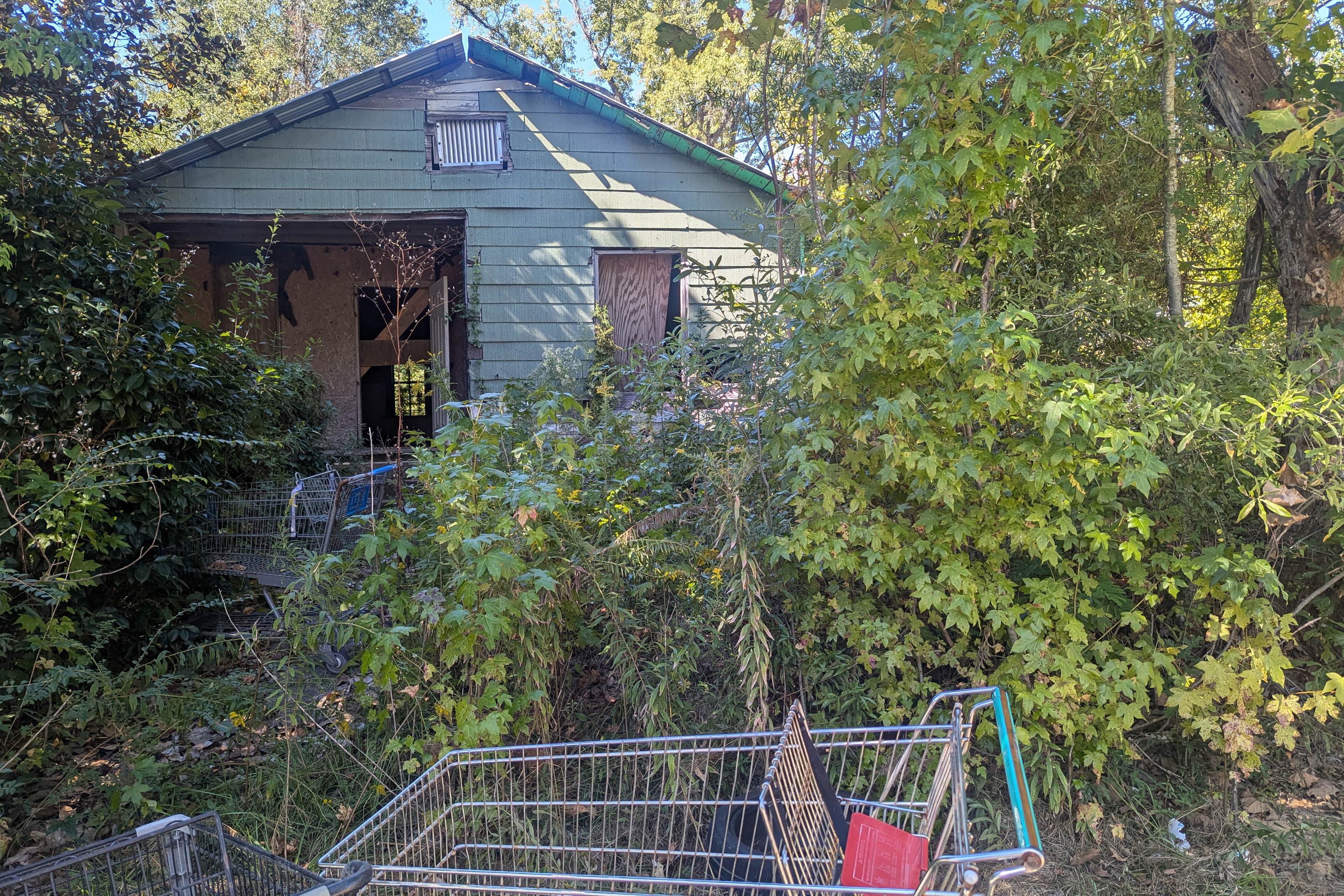 A photo of an abandoned house overgrown with shrubbery. A lone shopping cart is in front of it.