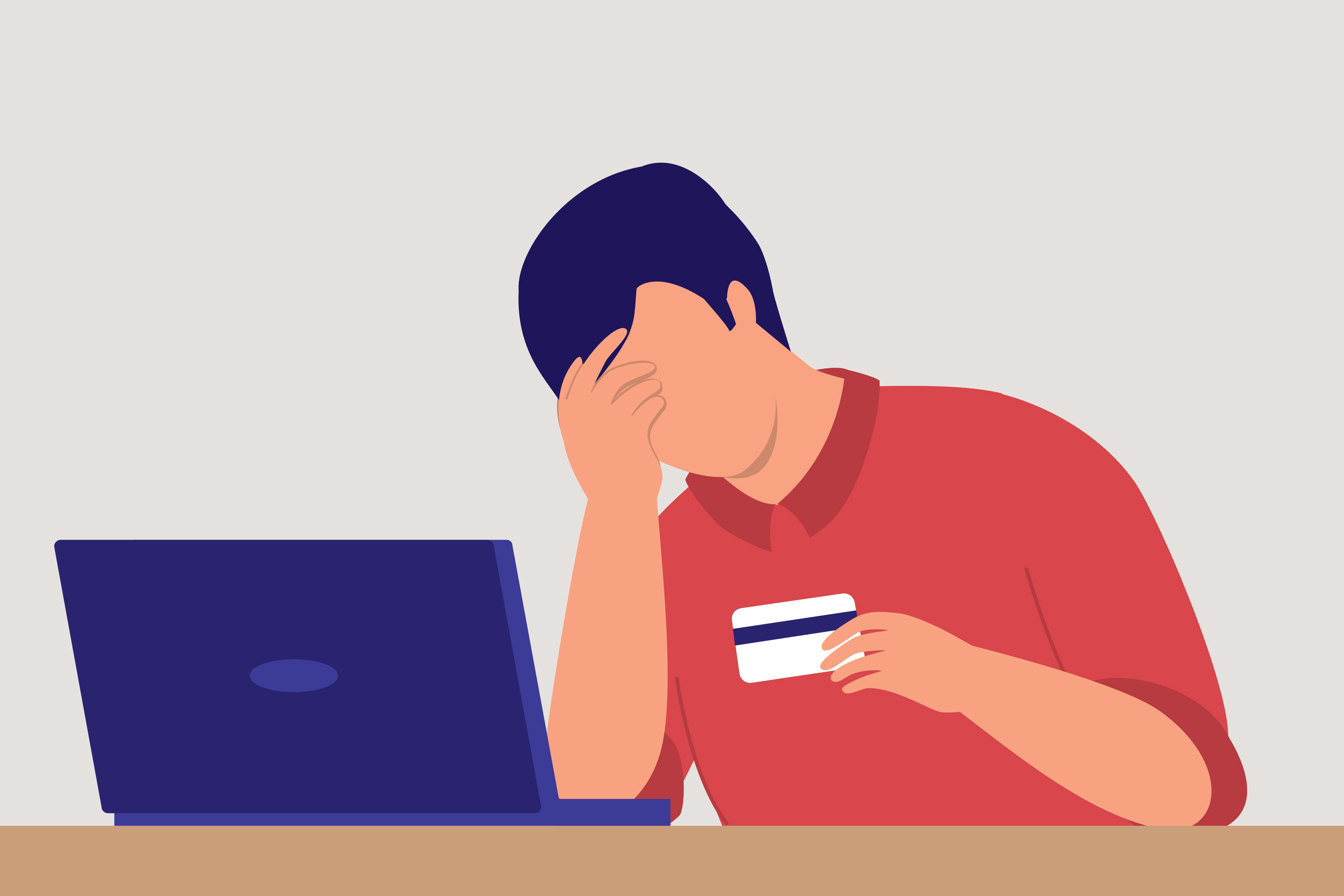 A vector illustration of someone with one hand to their face and a credit card in the other hand. They are sitting in front of a laptop on a table.