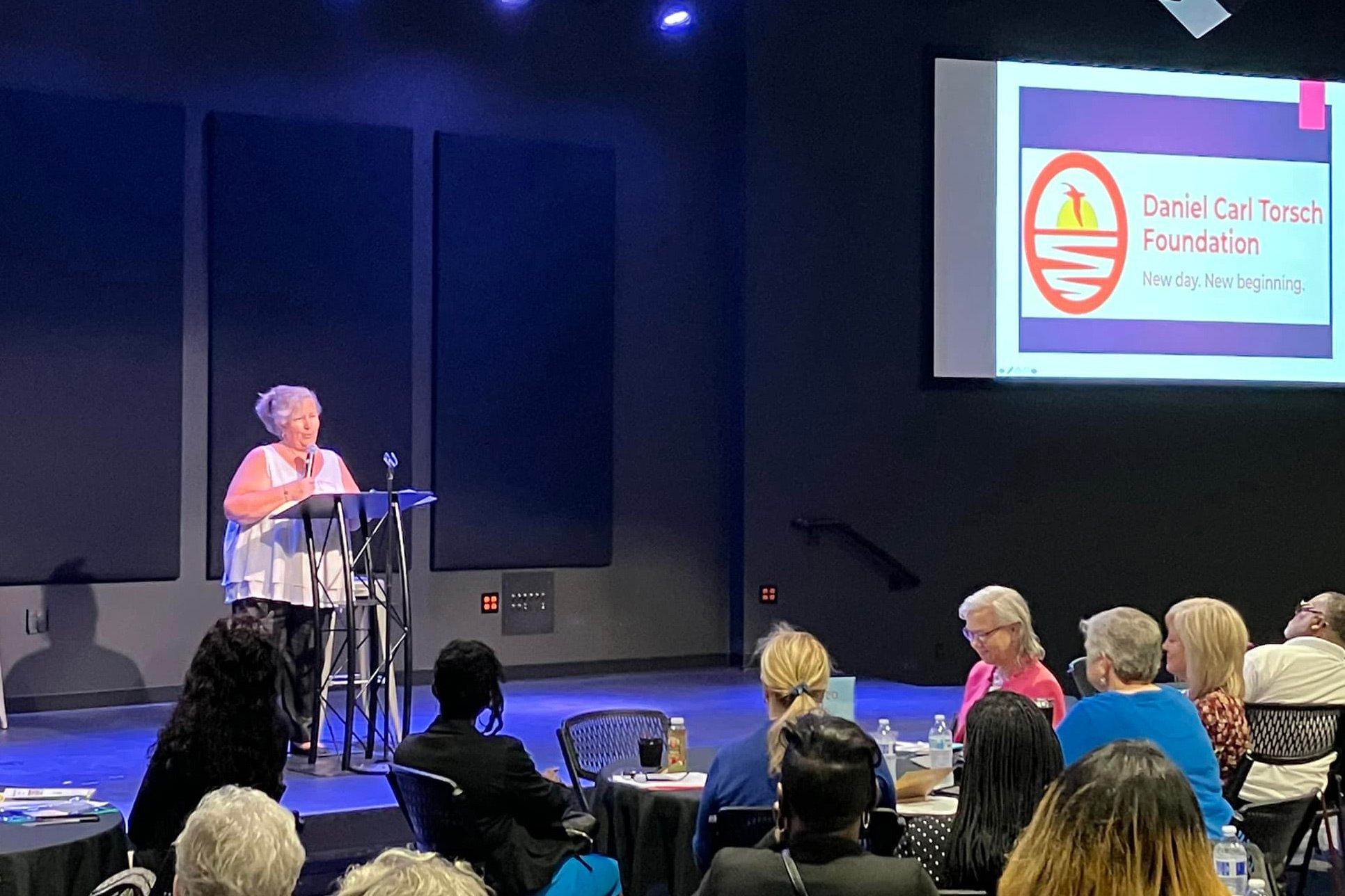 A photo of a woman giving a presentation on stage to an audience for her foundation.
