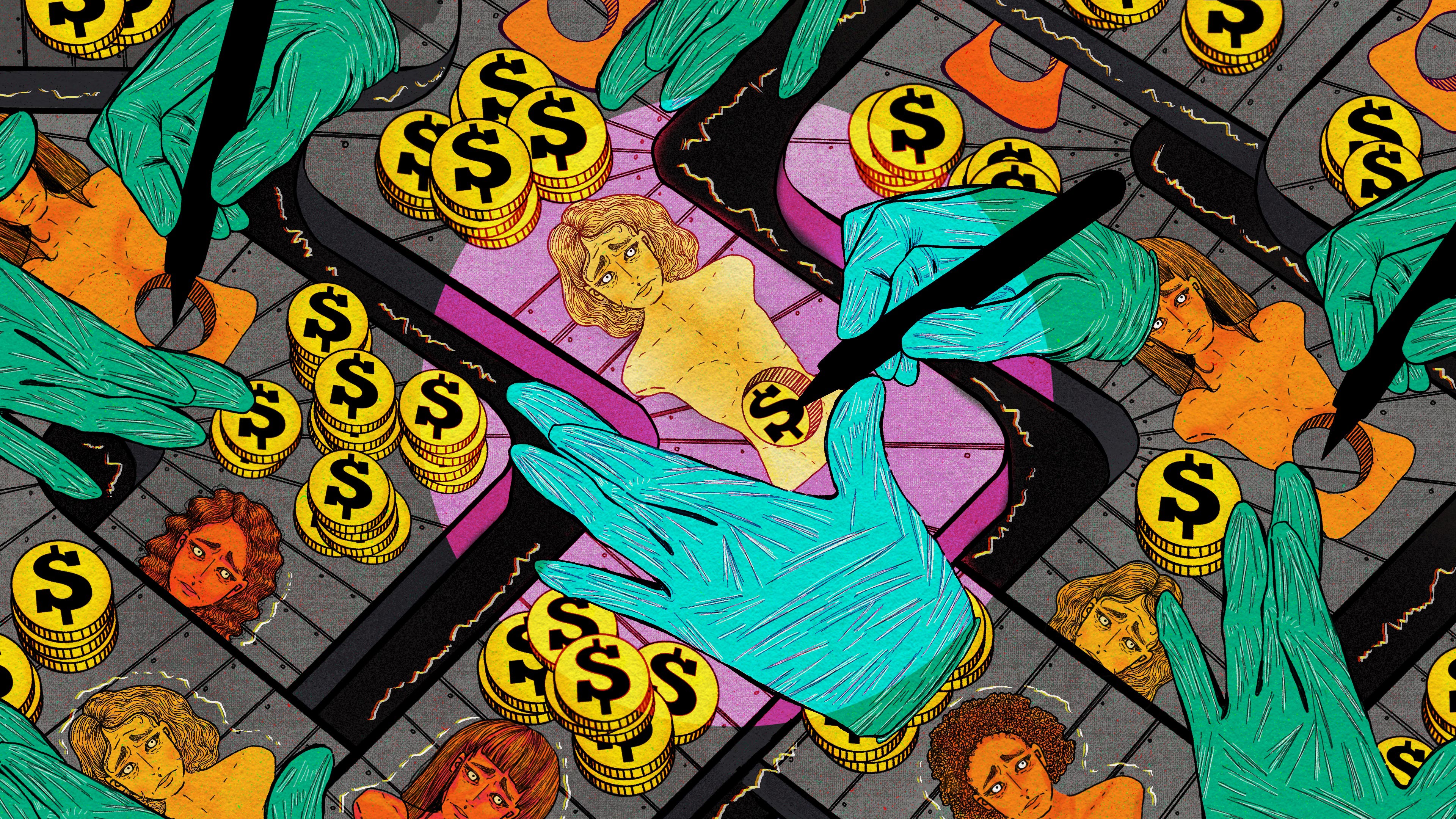 A digital illustration of a weaving, maze-like assembly line of female mannequins. They have a hole in their midsection where large gold coins with a “$” symbol are removed by ominous, floating hands. The coins are stacked up on the conveyer belt in surplus around the disfigured mannequins.
