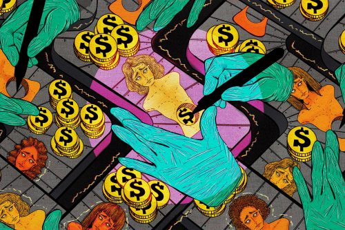 A digital illustration of a weaving, maze-like assembly line of female mannequins. They have a hole in their midsection where large gold coins with a “$” symbol are removed by ominous, floating hands. The coins are stacked up on the conveyer belt in surplus around the disfigured mannequins.