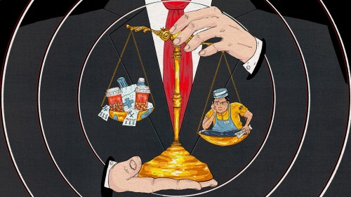 An illustration of an unidentifiable male figure, wearing a red tie and dark grey suit, holding a golden scale. On the left scale, which is lighter and raised high, are medical items. On the right side is a restaurant worker, presumably on Medicaid.