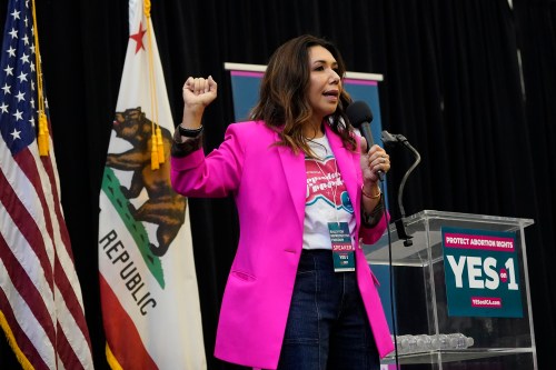 A woman in a bright pink blazer with a raised fist standing in front of a California and USA flag