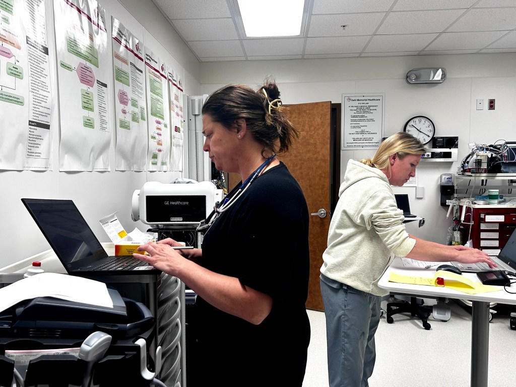 Two female medical professionals stand in an office typing on laptops