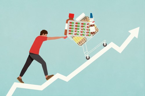 An illustration of a man pushing a grocery cart full of medical supplies up a hill that looks like a stock arrow pointing upward.