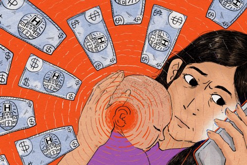 An illustration of a woman holding a baby to her chest with her left arm, while holding a phone to her ear with her right hand. She has a concerned expression as she holds her baby close. Sound waves radiate out from the baby's ear, and dollar bills float around them.