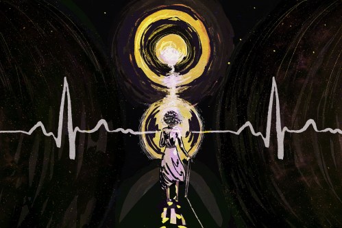 A digital illustration of the silhouette of an elderly woman bravely facing a glowing, moon-like sphere in a galactic abyss.