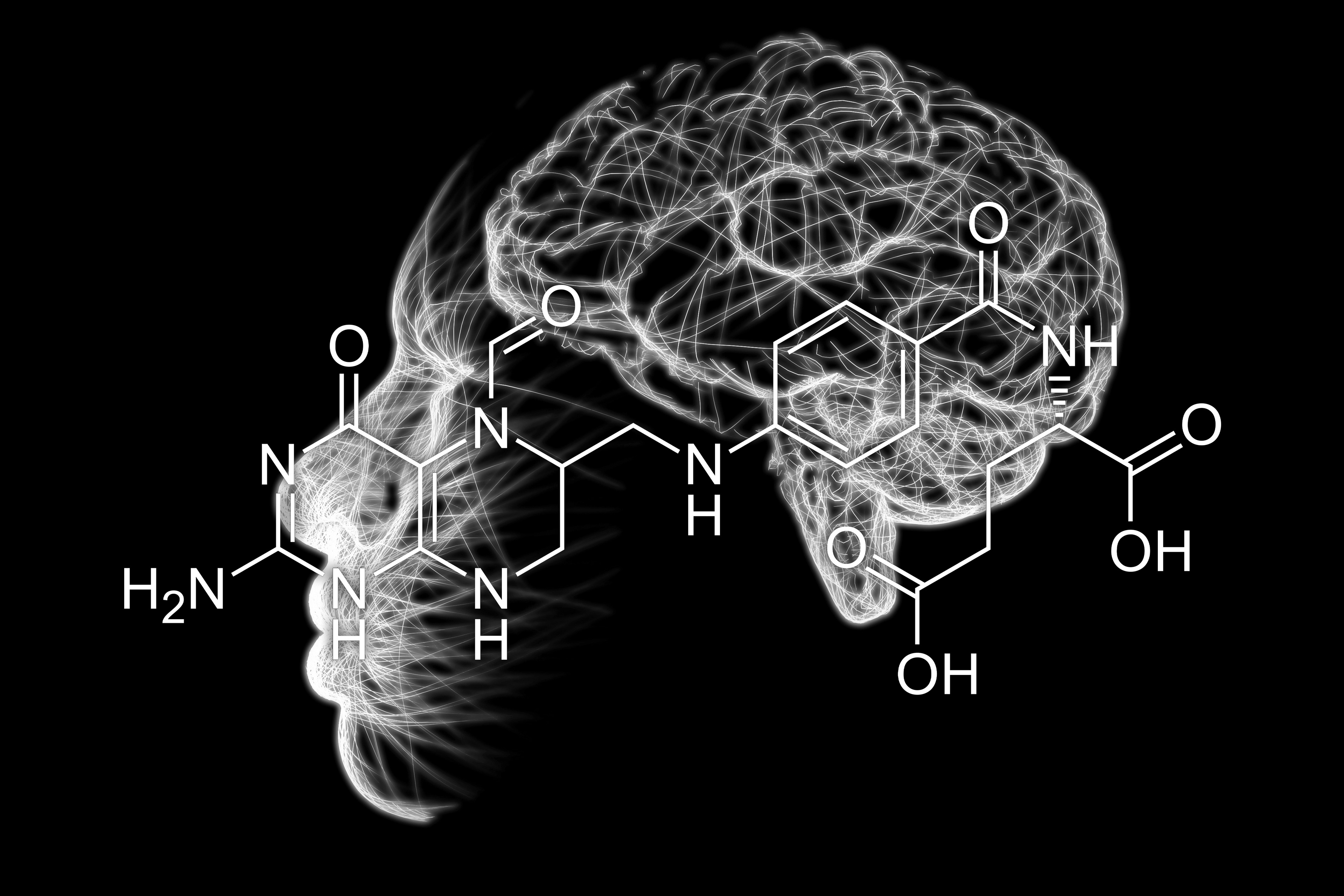 A photo illustration showing a brain and a child's face. Above it is the chemical formula for leucovorin.