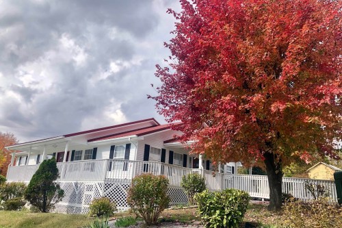 A white house with a large tree in the front with red and orange leaves